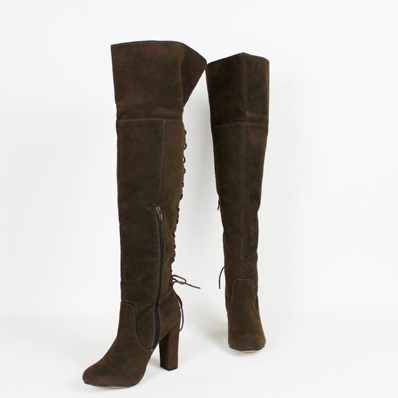 ShoeDazzle Brown Faux Suede Thigh-high Lace-up Boots - Picture 2 of 16